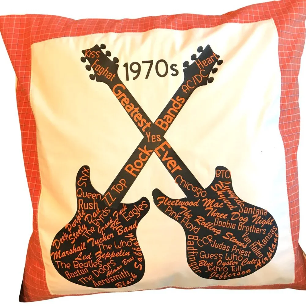 Handmade Pillow Cover, 1970s Rock Bands Guitars Music Room Decor 20 x 20 inches